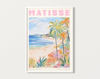 May include: A colorful poster with the word "MATISSE" in pink letters. The poster features a painting of a beach scene with palm trees, blue water, and a sandy beach. The text "Homage to Matisse" and "Master of Fauvism" is at the bottom of the poster.