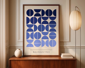 Lámina artística Bauhaus azul: póster geométrico moderno de mediados de siglo