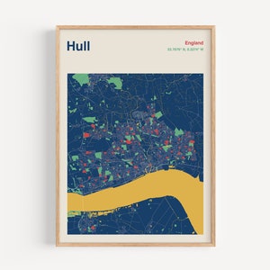 Hull City Map Print, Kingston Upon Hull Map Print, Colour Map Of Hull, Modernist Wall Art, Colour Hull Map Wall Art, Modernist Map