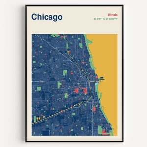 Chicago Map Print, Affiche de carte de Chicago en couleur, Chicago Map Wall Art, Chicago Street Map, Carte de Chicago, Carte couleur de la ville de Chicago