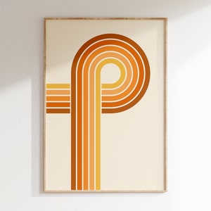 Cartel retro naranja de rayas arcoíris de los años 70, póster de arte retro de la década de 1970, estética de los 70, póster amarillo naranja de mediados de siglo, póster de la Bauhaus / R028