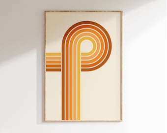 Puede incluir: Impresión geométrica abstracta con un diseño retro que presenta una forma curva hecha de rayas naranja, amarillo y marrón sobre un fondo crema.