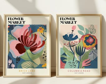 London Blumenmarkt Kunstdrucke: Buntes Blumen Wandkunst Set