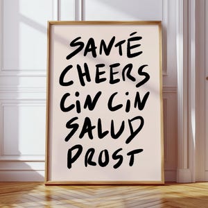 Retro Cheers-print, MEER KLEUREN, zwart en beige Cin Cin-kunstprint, retro barwagenposter, trendy wijnmuurkunst, prints | KI154
