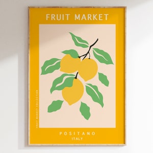 Cartel de limones del mercado de frutas de Positano, impresión de arte de frutas retro, cartel de frutas de cocina, arte de pared de cítricos, impresión de frutas de mediados de siglo / K062