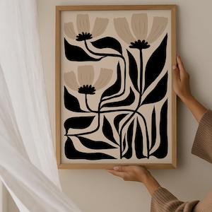 Abstract Flower Art Print: Black & Beige Botanical, Matisse Style image 4