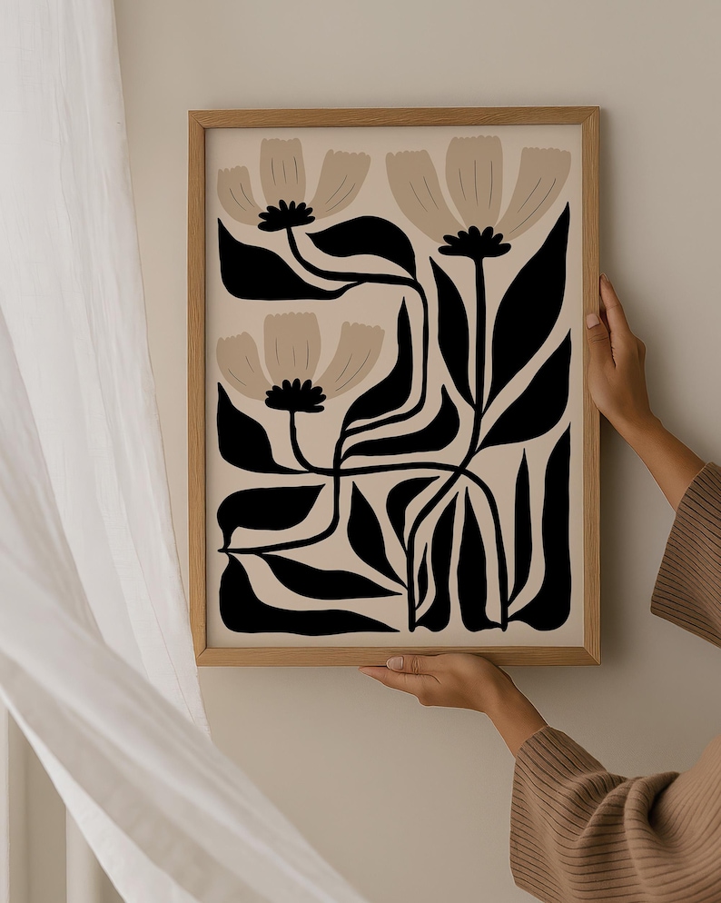 Abstract Flower Art Print: Black & Beige Botanical, Matisse Style image 4