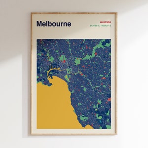 Melbourne Map Print, Melbourne City Map Print, Colour Map Of Melbourne, Modernist Wall Art, Melbourne Australia Map Wall Art, Modernist Map
