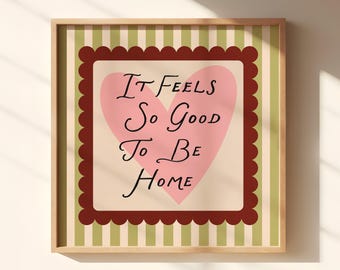 Cozy Home Quote Print: Retro Pink Heart, Olive Green Stripes