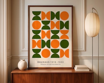 Bauhaus Art Print: Mid-Century Green & Orange Geometric Design