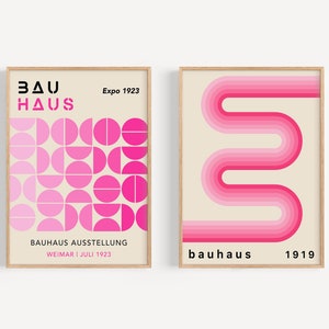 Ensemble d'impressions Bauhaus roses pastel, oeuvre d'art murale colorée Bauhaus, mur de galerie Mid-Century, affiche d'exposition Bauhaus, ensemble d'impressions rétro | S108