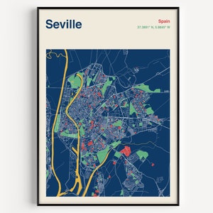 Sevilla Spanien Karte Druck, Farbe Sevilla Karte Poster, Sevilla Stadt Karte Poster, Sevilla Reise Poster, Karte von Sevilla, Helle Reise Druck