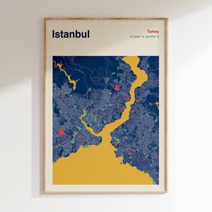 Impressão de mapa de Istambul, impressão de mapa da cidade de Istambul, mapa colorido de Istambul, arte de parede modernista, arte de parede de mapa de Istambul azul amarelo, mapa modernista
