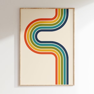 70er Jahre Retro Regenbogen Streifen Poster, Retro Nostalgie Kunst Poster, 70er Jahre Ästhetik, Regenbogen Poster, Geometrisches Bauhaus Poster | R029
