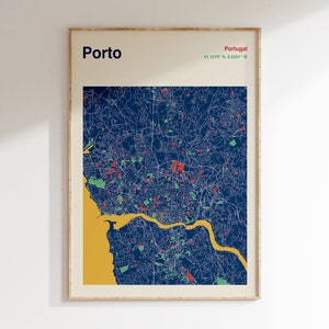 Impressão do mapa do Porto Portugal, impressão do mapa da cidade do Porto, mapa colorido do Porto, arte de parede modernista, arte de parede do mapa do Porto amarelo azul, design de mapa personalizado