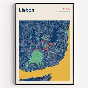 Lissabon Portugal Kaart Afdrukken, Kaart van Lissabon, Lissabon Stadskaart, Lissabon Kaart Poster, Kleur Lissabon Kaart Poster, Portugal Kaart Poster, Aangepaste Kaarten