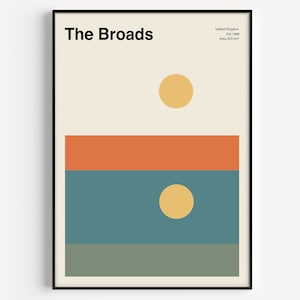 The Broads Poster, Mid Century Travel Poster, Minimal Norfolk Broads Travel Print, Retro National Park Poster, Great Yarmouth Poster | NP006
