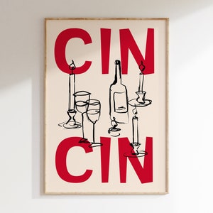 Cin Cin Wine Illustration Art Print, Hand Drawn Wine Art Print, Kitchen Wall Art Poster, Bar Cart Print, Modern Hand Drawn Wine Poster K064