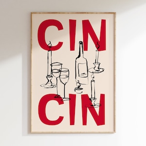 Cin Cin Wine Illustration Art Print, Hand Drawn Wine Art Print, Kitchen Wall Art Poster, Bar Cart Print, Modern Hand Drawn Wine Poster K064