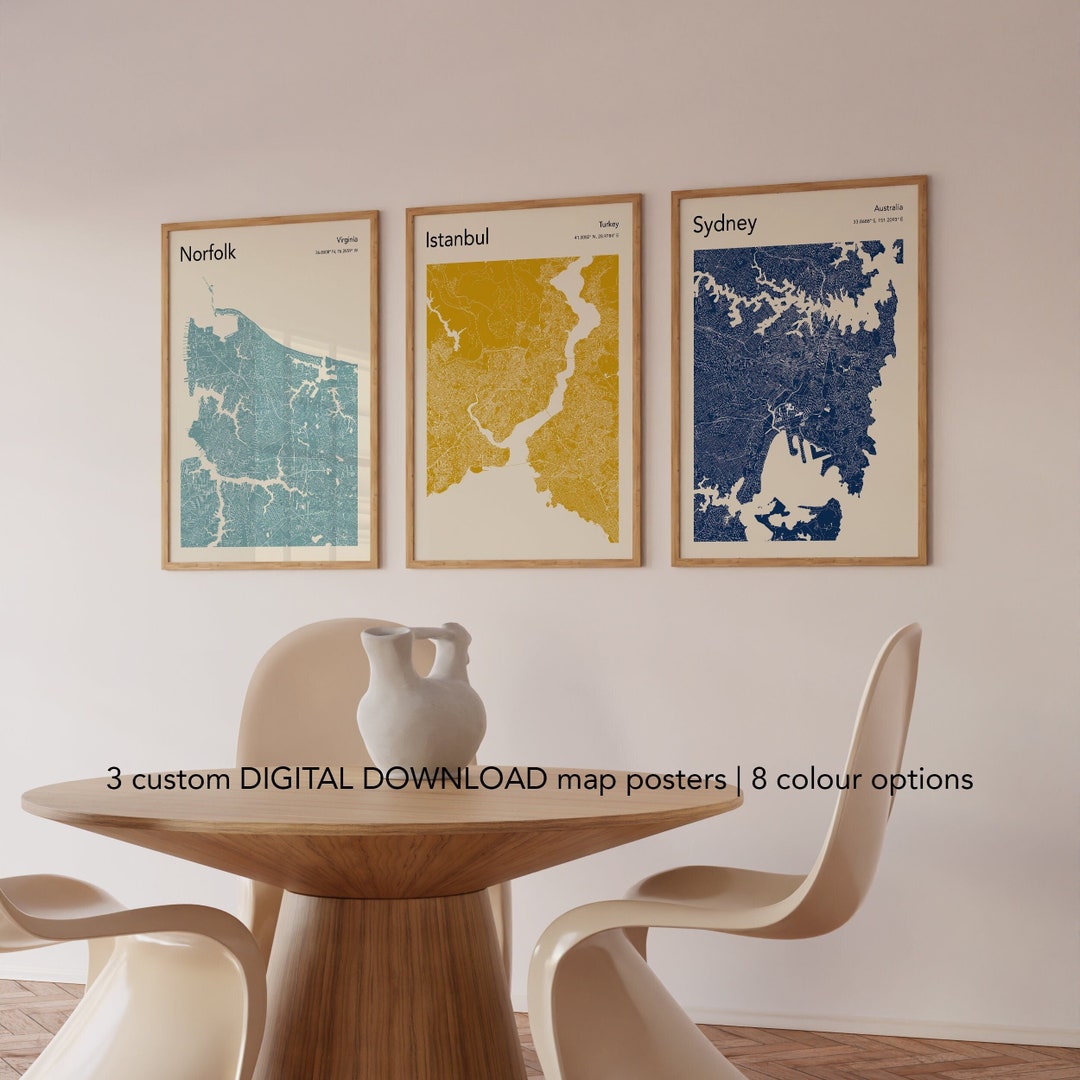 Set of 3 Custom Map Posters, DIGITAL DOWNLOAD Maps, Modern Map Design 