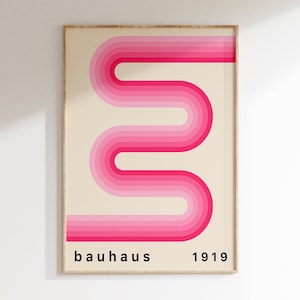Impresión de arte Bauhaus geométrico rosa, arte de pared retro, cartel de Bauhaus maximalista rosa, cartel de mediados de siglo, impresión de rayas retro / A209