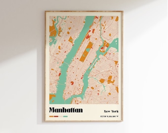 Impression de carte de Manhattan, affiche de carte de Manhattan, art mural de carte de Manhattan de style vintage, carte de Manhattan couleur, carte de la ville de New York