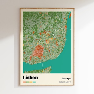 Lissabon Portugal kaart afdrukken, kaart van Lissabon, Lissabon stadsplattegrond, Lissabon kaart poster, Lissabon retro reizen poster, Portugal kaart poster, aangepaste kaarten