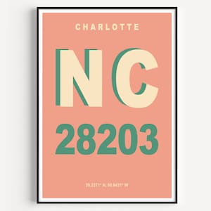 CHARLOTTE NC Zip Code Poster, Personalisiertes Adressposter, Post code Poster, Charlotte NC Poster, Geschenk zur Wohnungserwärmung, Farbwahl