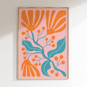 Abstract Flowers Poster, Retro Flowers Print, Colourful Botanical Print, Matisse Pink & Orange Flower Print, Boho Flowers Art Print  | MF010