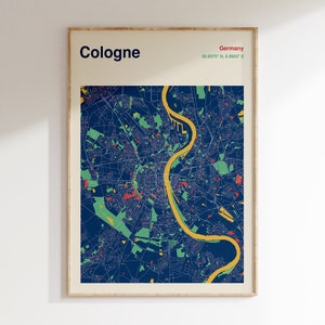 Cologne Map Print, Cologne Allemagne Map Poster, Color Cologne Map Wall Art, Carte De Cologne, Conception de Carte Moderne, Carte Cologne, Carte Personnalisée