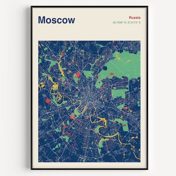 Moscow Map Print, Colour Moscow Map Poster, Moscow Russia Map Poster, Moscow Map Wall Art, Moscow City Map, Map Of Moscow