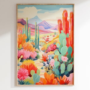 Maximalist Wüste Kunstdruck, Retro Wüsten-Druck, Kaktus Poster, Bunte Pflanzen-Kunst, Eklektische Galeriewand | B102