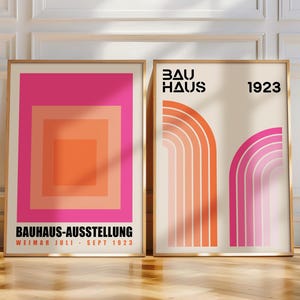 Conjunto de 2 impresiones digitales Bauhaus en rosa y naranja para descargar, póster Bauhaus geométrico rosa, galería de pared retro rosa, estilo moderno de mediados de siglo / D001