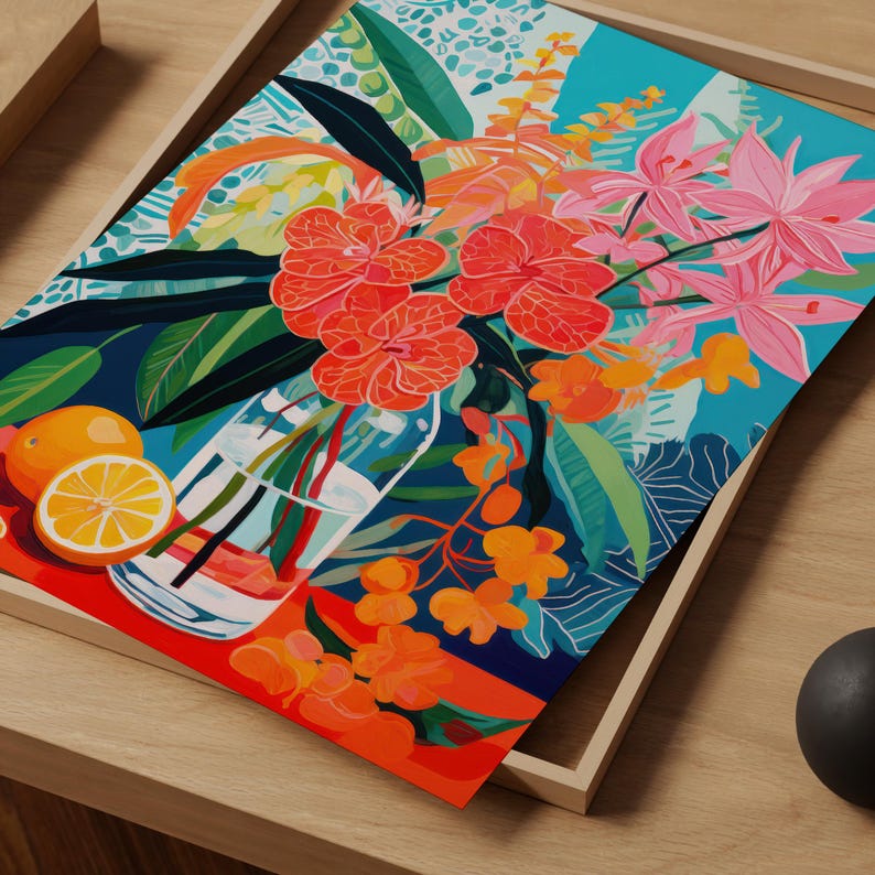 May include: A vibrant still life painting featuring a glass vase filled with orange, pink, and red flowers. The vase is sitting on a red surface with green leaves and orange fruit scattered around it.