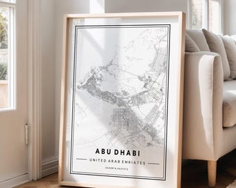 Impresión artística del mapa de la ciudad de Abu Dabi: póster minimalista en blanco y negro