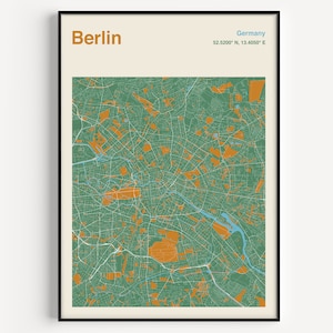 Impressão do mapa de Berlim, pôster colorido do mapa de Berlim, pôster do mapa da cidade de Berlim, pôster de viagens de Berlim, impressão colorida de viagens de Berlim, inspirado em meados do século