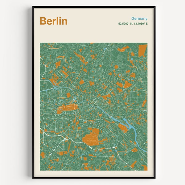 Impression de carte de Berlin, Affiche de carte de Berlin en couleur, Affiche de carte de la ville de Berlin, Affiche de voyage de Berlin, Impression de voyage de Berlin en couleur, Inspiré du milieu du siècle