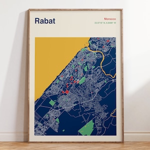 Rabat Maroc Carte Print, Rabat Carte Affiche, Rabat Carte Ville Carte, Rabat Carte Art Mural, Affiche Rabat Couleur