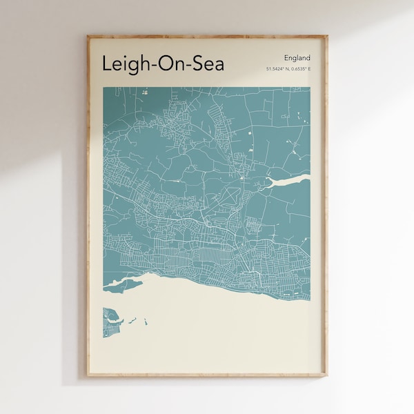 Leigh On Sea Map Poster, MORE COLOURS, Leigh On Sea Map Print, Colour Leigh On Sea Map Wall Art, Modernist Wall Art, Custom Colour Map