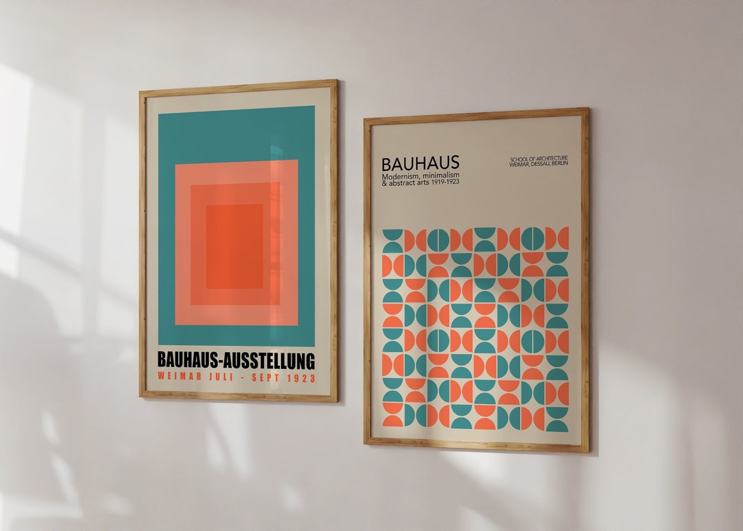 Mid Century Bauhaus Print Set: Blue & Orange Geometric Wall Art - Etsy