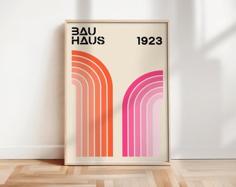 Bauhaus Art Print, Mid Century Art, Retro Wall Art, Pink Orange Bauhaus Poster, Mid Century Poster, Retro Rainbow Stripes Print  | A133