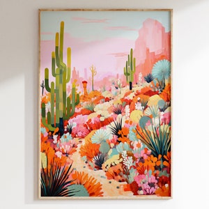 Boho Landschaft Art Print, South Western Desert Print, Retro Desert Print, Kaktus Poster, Pink Western Art, Maximalist Gallery Wall | B108