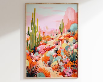 Lámina artística desértica bohemia: paisaje de cactus del suroeste, decoración retro rosa del oeste