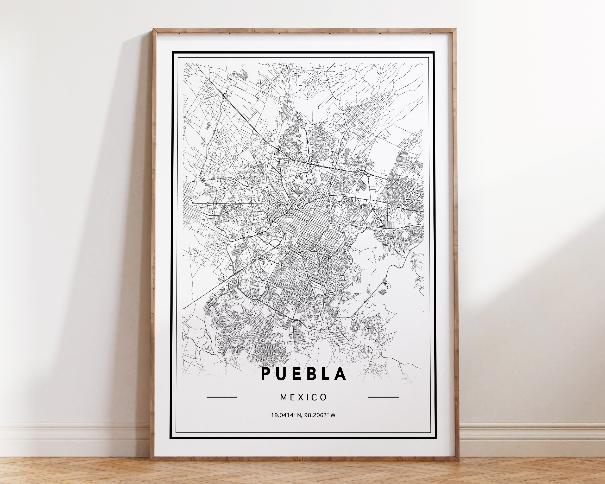 Puebla Mexico City Map Art Print: Minimalist Black and White
