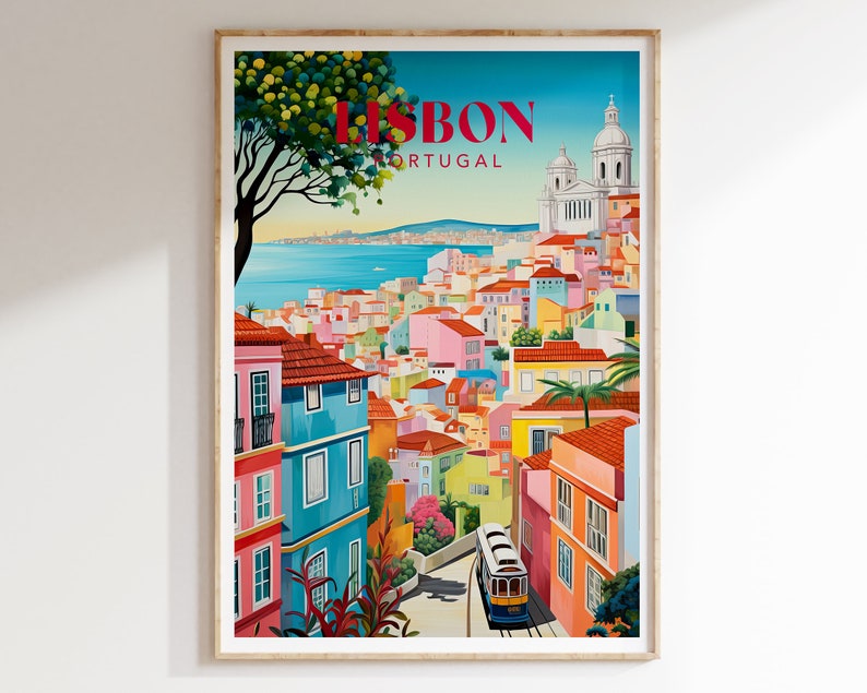 May include: A colorful illustration of Lisbon, Portugal, with a red tram traveling up a hill. The city is filled with colorful buildings and a blue sky. The text "LISBON PORTUGAL" is in red letters at the top of the image.