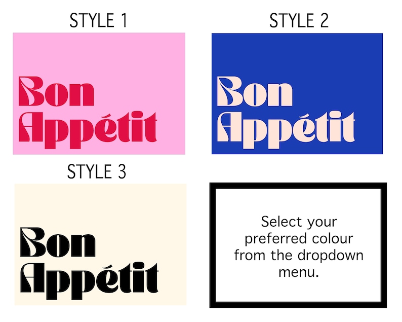 May include: Three graphic designs with the text "Bon App&eacute;tit". The first design has red text on a pink background. The second design has white text on a blue background. The third design has black text on a cream background.