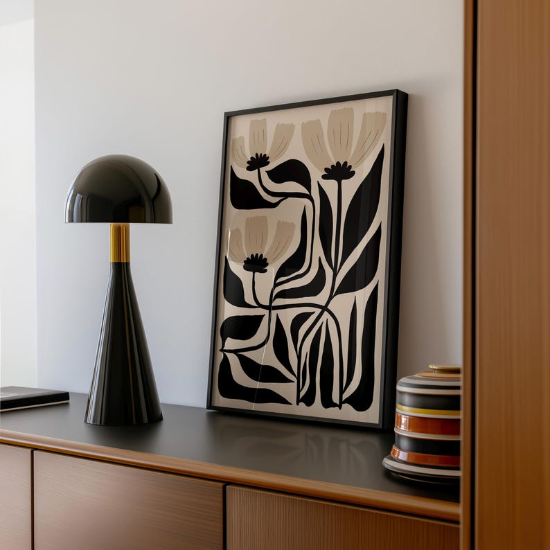 Abstract Flower Art Print: Black & Beige Botanical, Matisse Style image 5