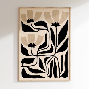 Cartel de flores negras y beige, impresión de arte botánico abstracto, impresión botánica inspirada en Matisse, impresión de flores boho, arte de pared japonés / IL021