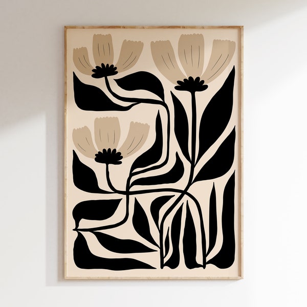 Black & Beige Flower Poster, Abstract Botanical Art Print, Matisse Inspired Botanical Print, Boho Flower Print, Japandi Wall Art | IL021