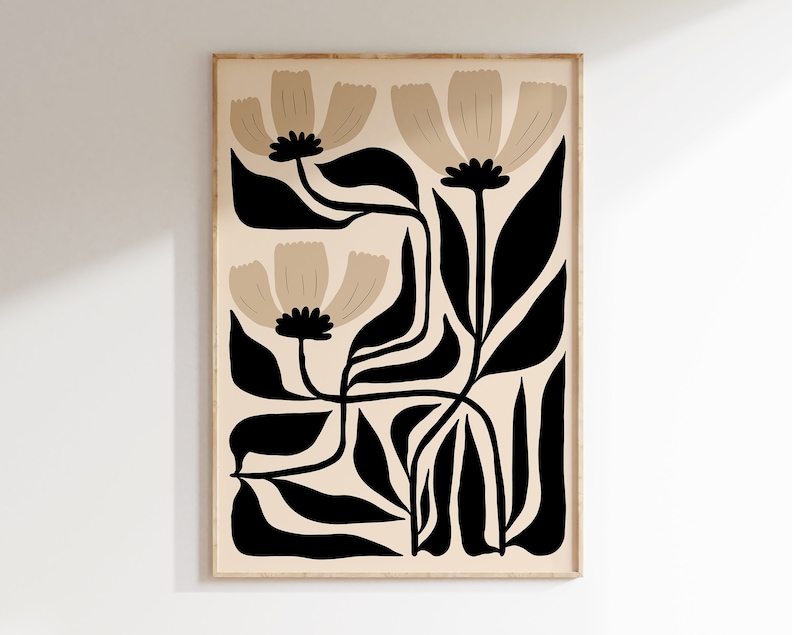 May include: A beige and black abstract floral print with stylized flowers and leaves. The print features a minimalist design with bold shapes and colors.